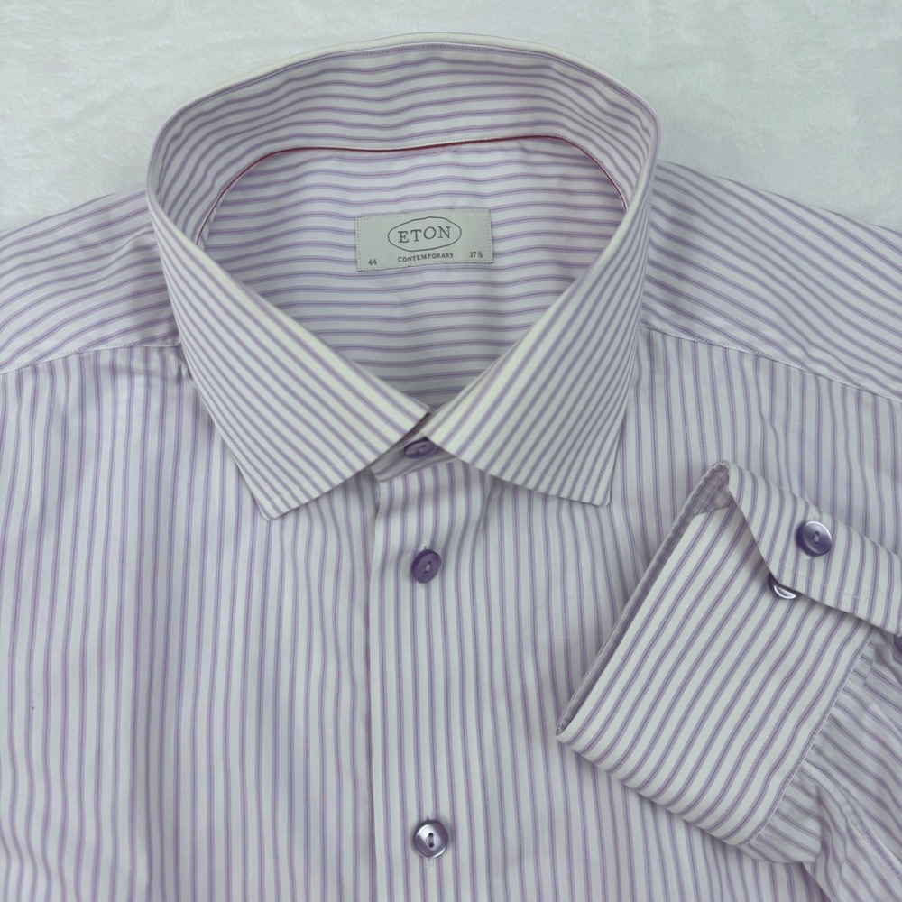 Eton Contemporary Fit Dress Shirt Mens 17.5 44 Purple White Stripe Cotton 821846